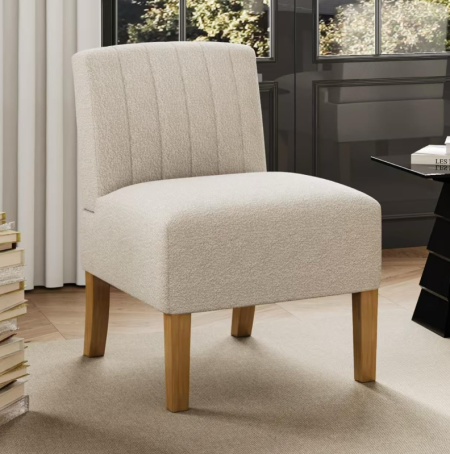 Striped Fabric Upholstered Single Stool with Solid Wood Legs (No Armrests)